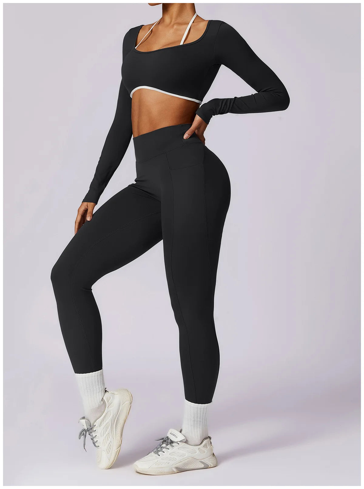 2 Pieces Tracksuit Yoga Set Workout Sports Gym Fitness Long Sleeve Crop Top High Waist Leggings Sports Suits