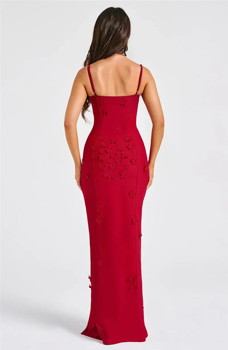 Flower Spaghetti Strap Maxi Dress Off-shoulder Backless Thigh High Split Evening Dress