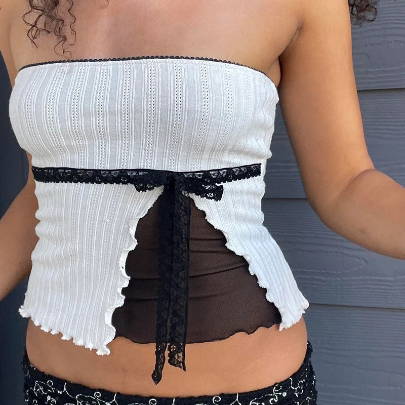 sweet Bow Crop Top Lace Patchwork Strapless Vests Sleeveless Slim Camis