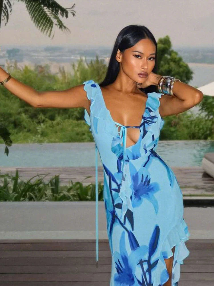 Ruffle Split Maxi Dress Vacation V-neck Sleevele Sheath Long Attire