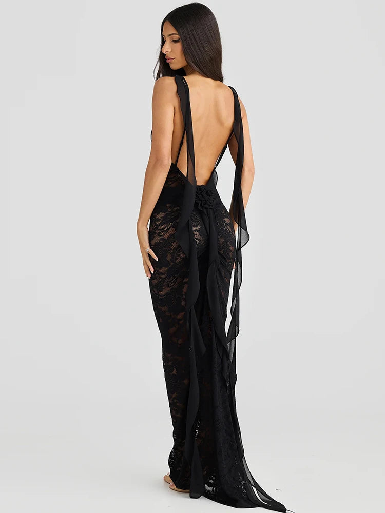 Lace See Through Camisole Maxi Dress For Ribbons Sleeveless Backless Slim Bodycon Long Dress Ladies Robes