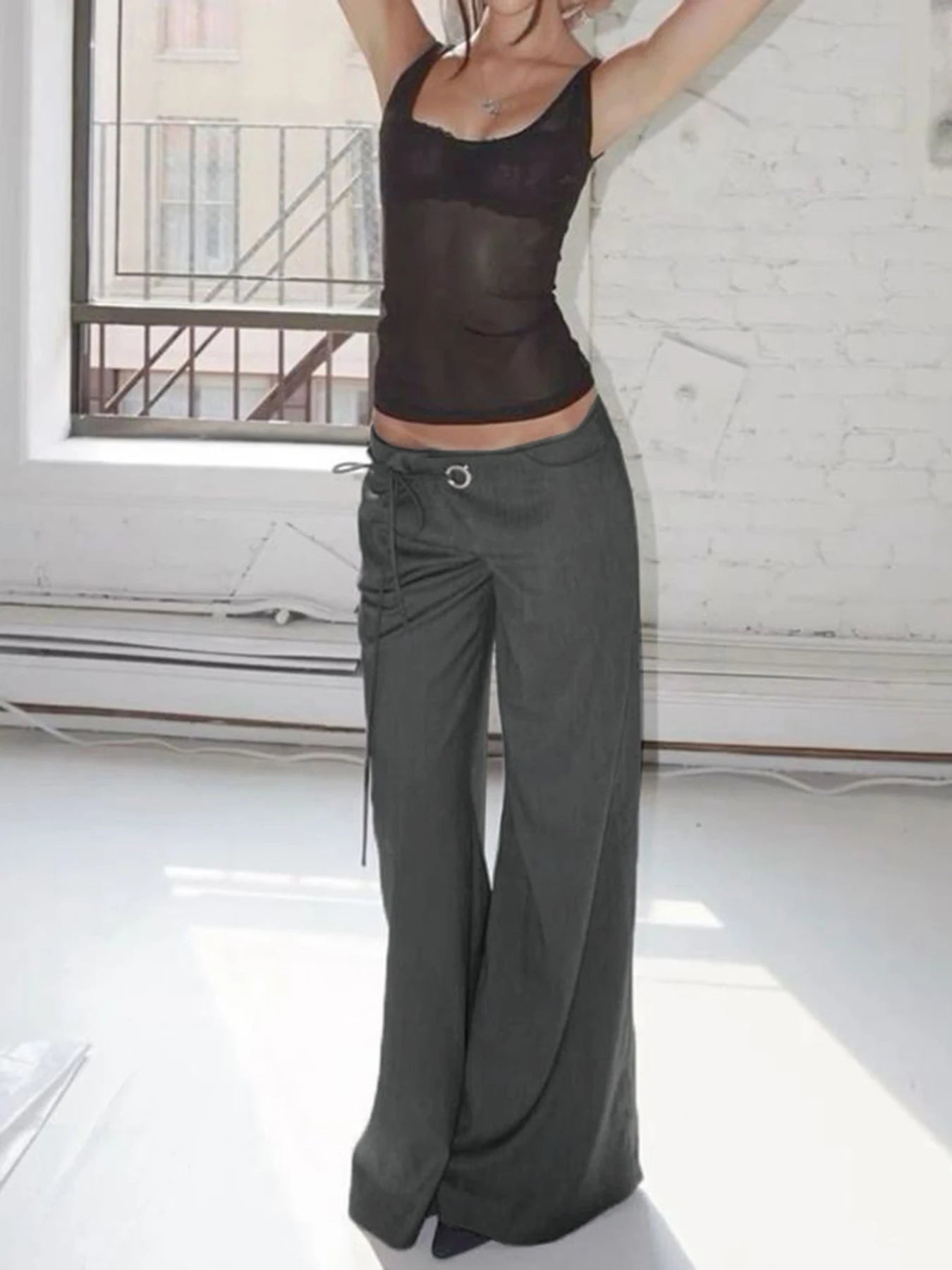 Lace Up Loose England Trousers Low Waisted Pants Leisure Bottoms