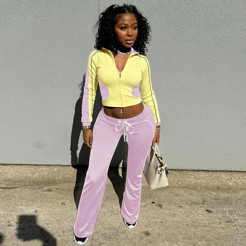 Stand-Up Collar Sport Fitne Set Slim Thin Long-Sleev Jacket Drawtring Straight Pant Set