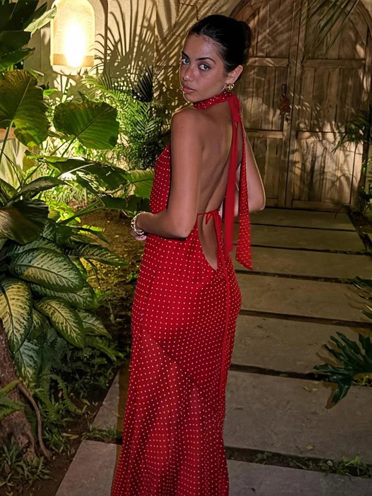 Point Dress Halter V-neck Lace Up Backless Maxi Bodycon Trend