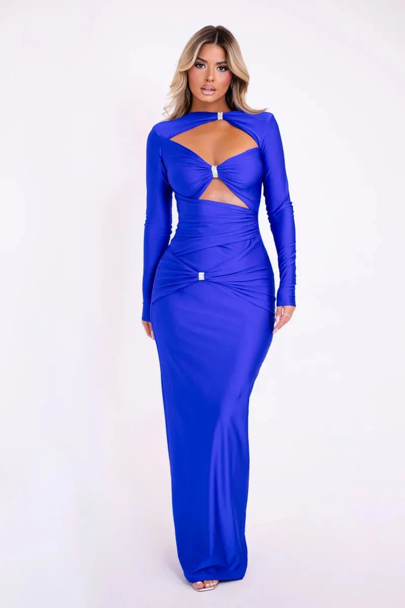 Hollow Out Long Sleeve Maxi Dress Solid Color Slim Fit Cut Out Long Dress