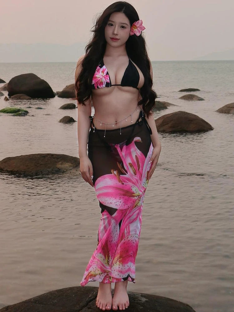 Floral Skirt Set Meh Matching Halter Bikini Top Under Maxi Skirt Vacation 3 Piece