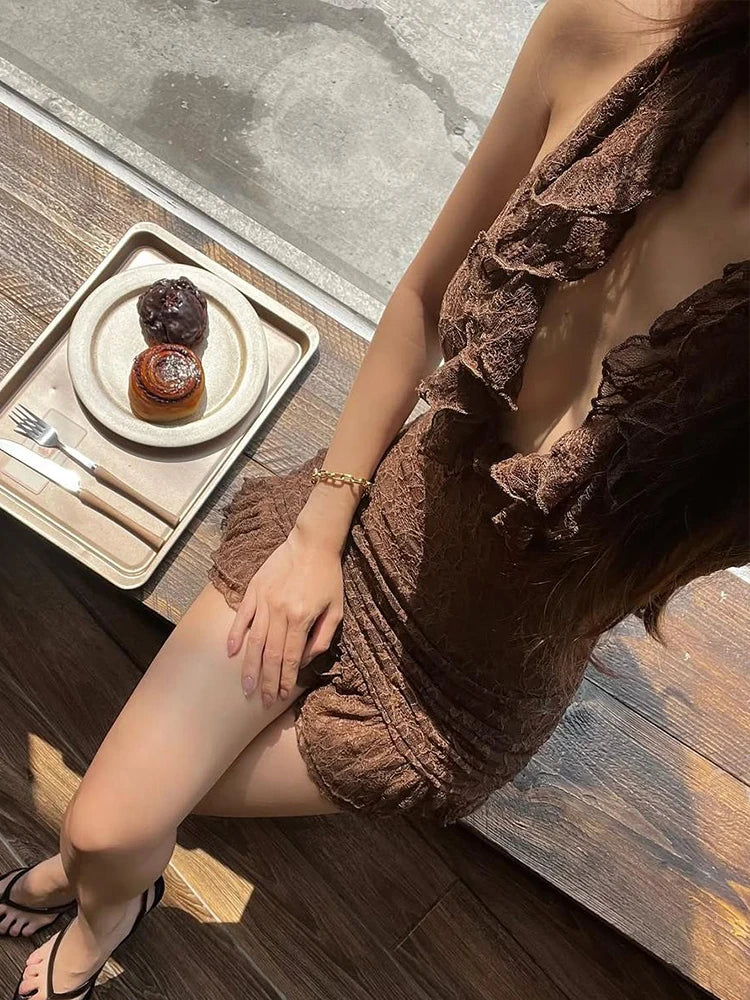 Lace Dress Halter Dark Lines Frenulum Flowers Applique Ornament Vogue Mini Bodycon