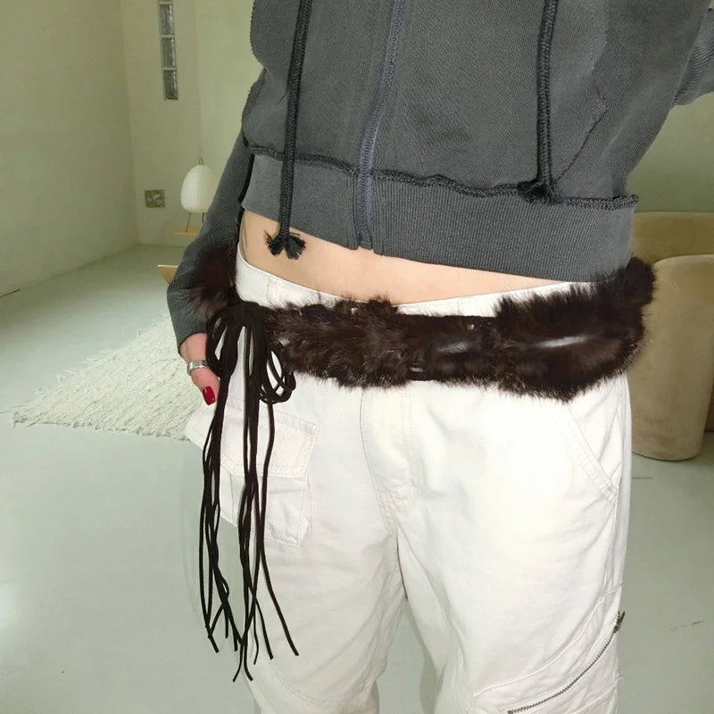 Retro Furry Belts Adjustable Accessories Drawstring Belts