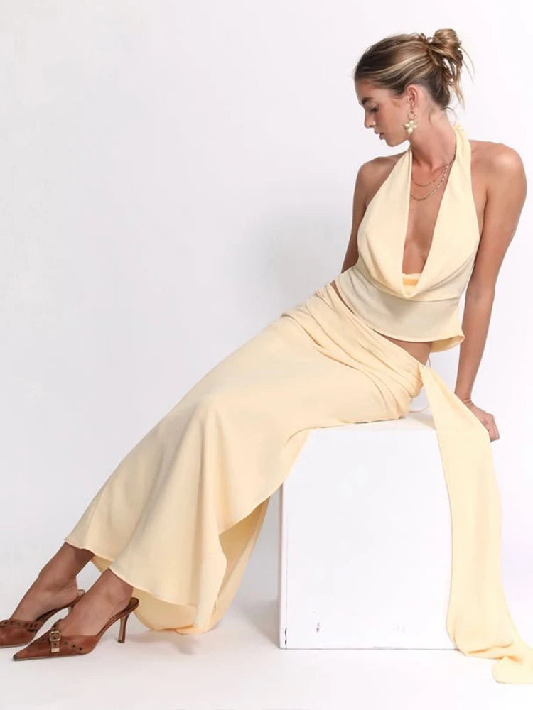 3 Piece Set Stack Halter Top Split Tassel Tassel Flowers Mesh Skirts Matching
