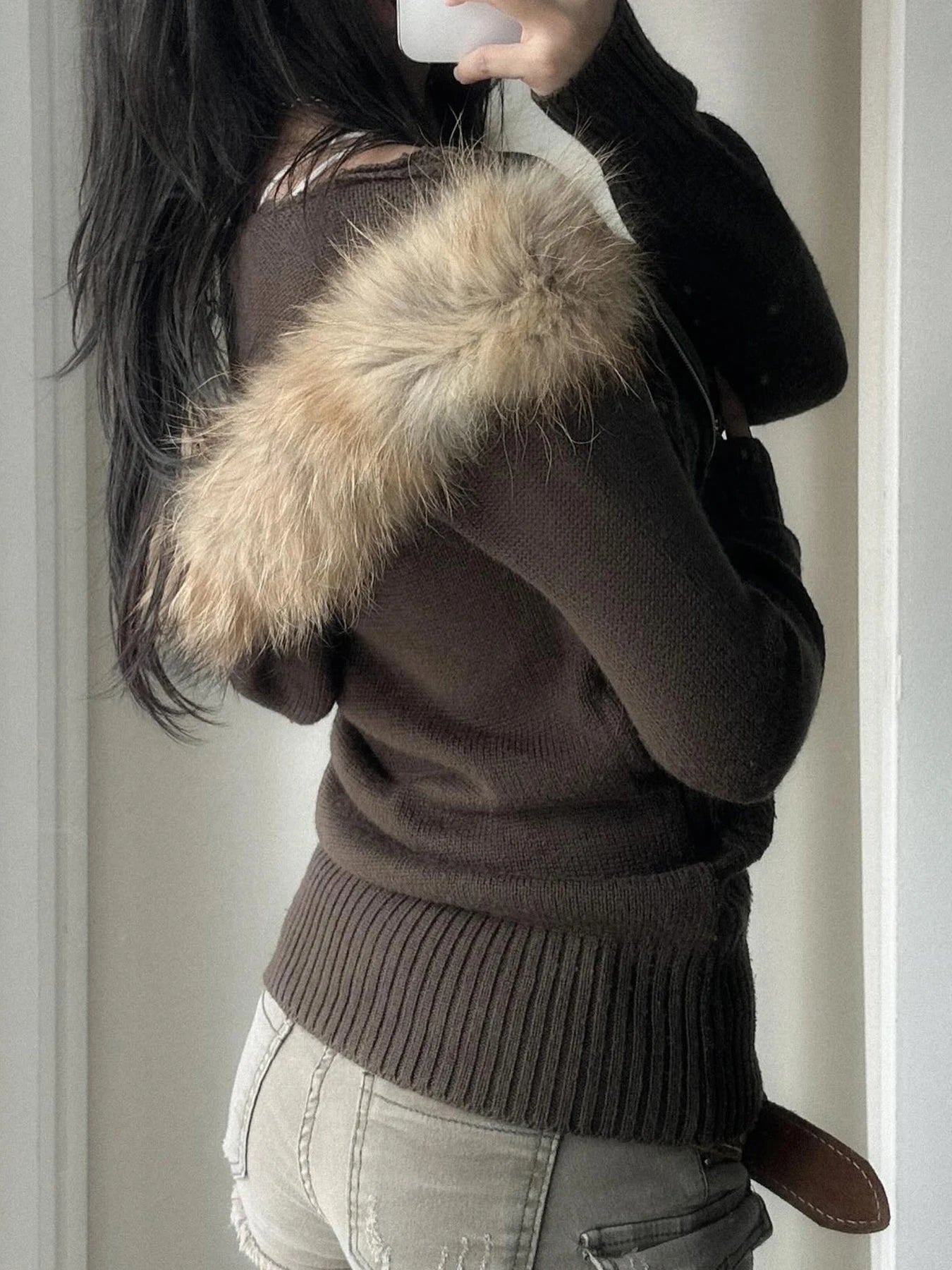 Zip Up Hoodie Coat 's Jackets Kintted Cardigan Twist Grain Fur Neck