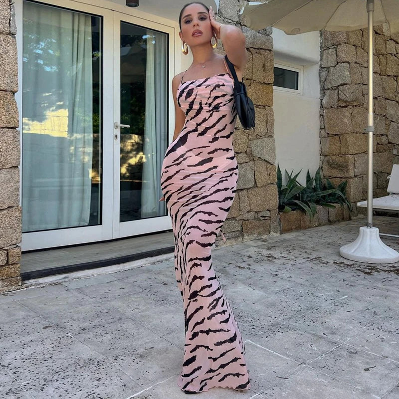 Mesh Zebra Backless Lace Up See Through Maxi Dress