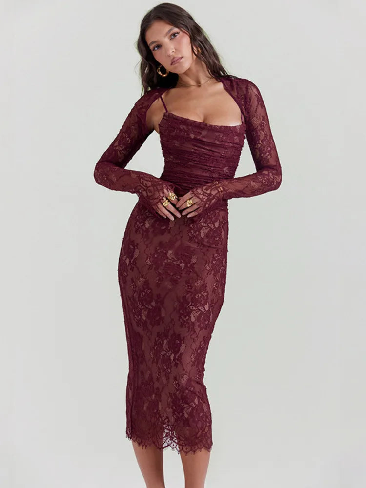 Red Mesh Bodycon Long Dress