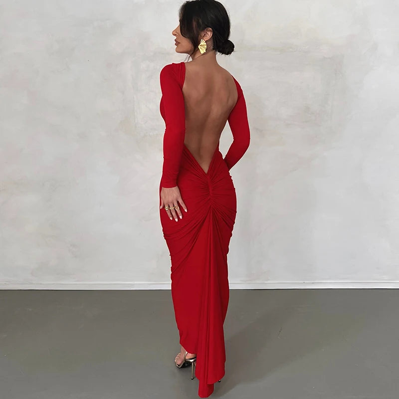 Ruched Backless Long Sleeve Bodycon Midi Dress
