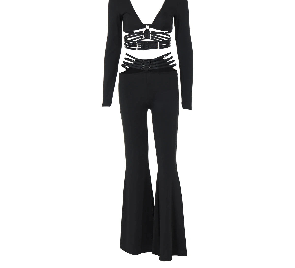 Two Pcs Sets Black Long Sleeve Hollow Out Slips Buttons Crop Top Wide Leg Pants