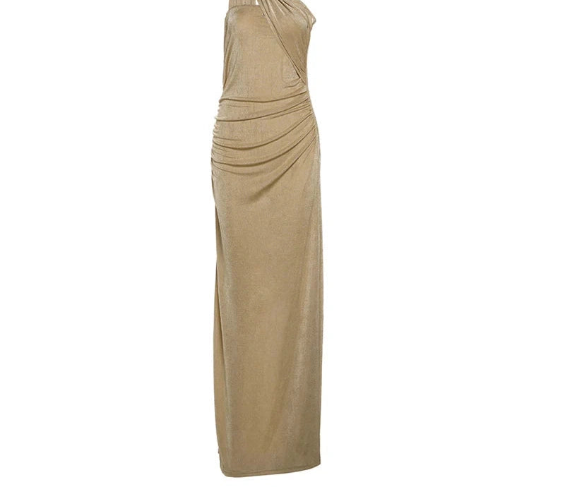 Ruched Backless Dress Diagonal Collar Single Shoulder Strap Tassel Stretch Long Bodycon