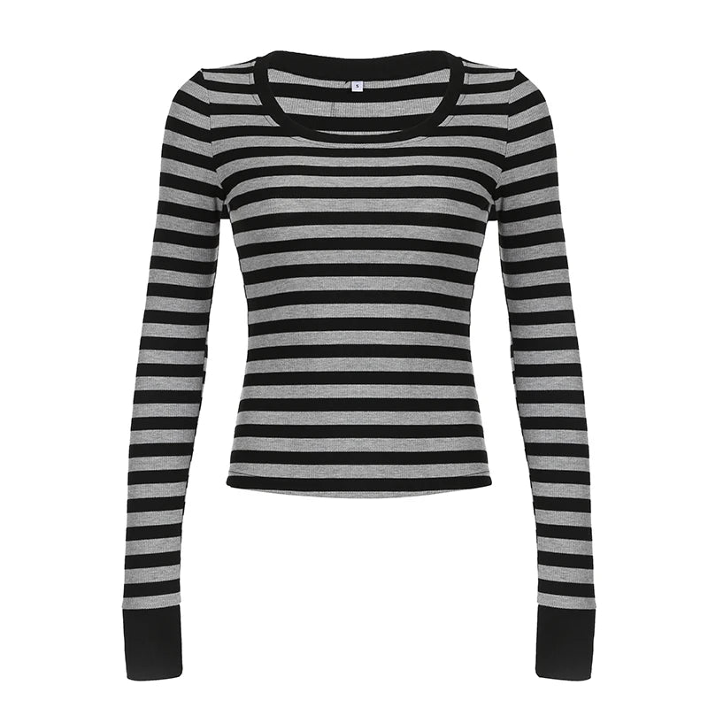 Striped Crewneck Top Tee Long Sleeves Slim