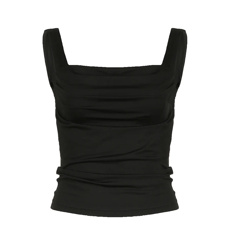 's Tank Top All-matck Sleeveless Crop Square Collar Slim Folds Tee