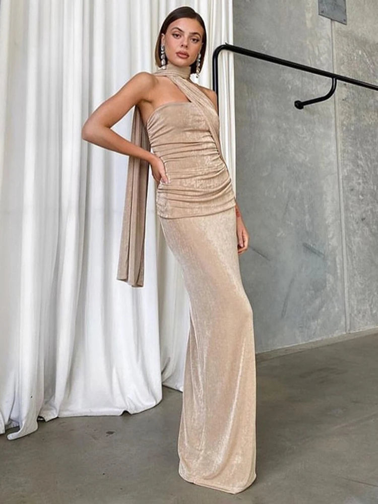 Strapless Ribbon Halter Long Dress Pleat Solid Backless Dress Splice