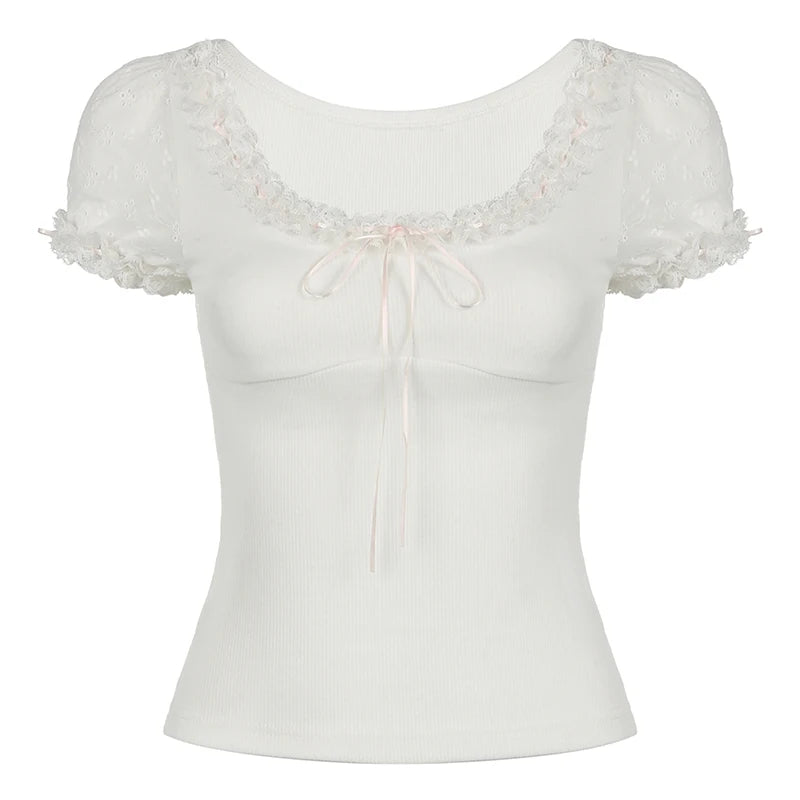 Crewneck Tee Shirts Lace Patchwork 's Short Sleeve Top