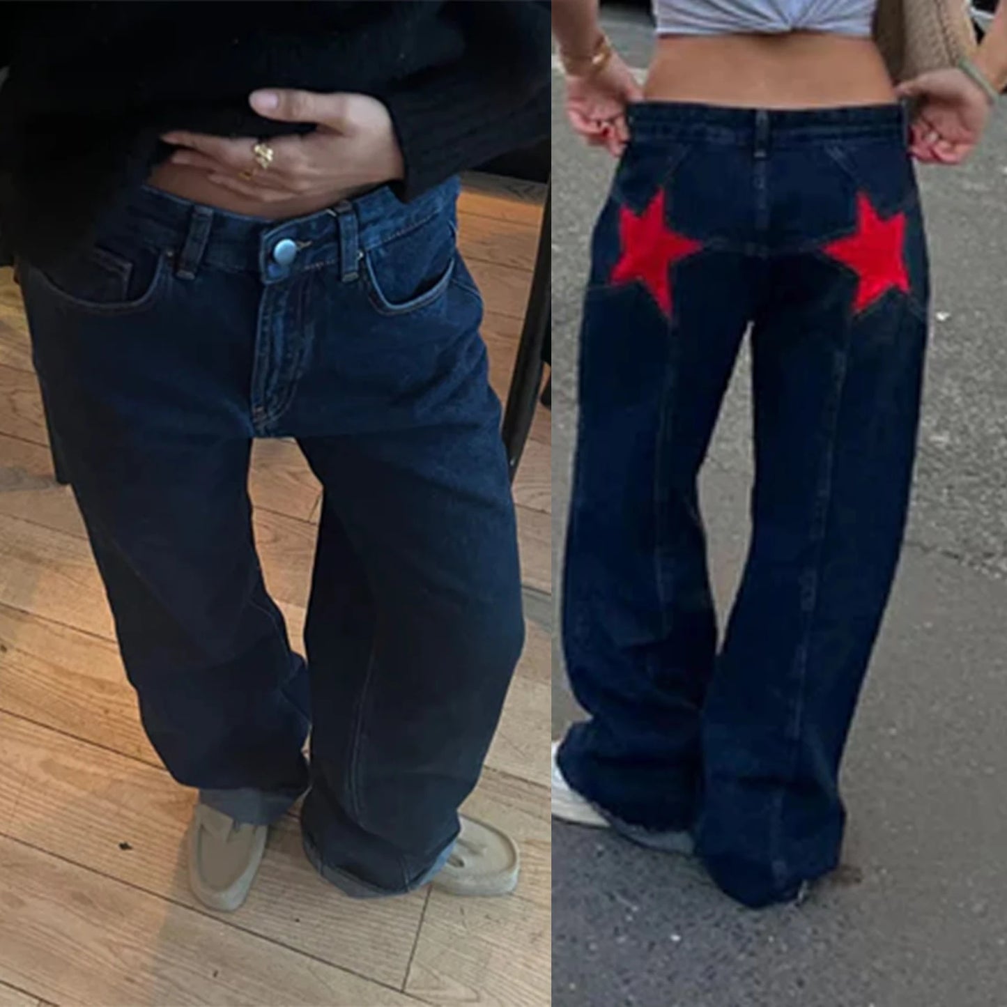 Star Pattern Loose Straight Leg Denim Low Waist Jeans