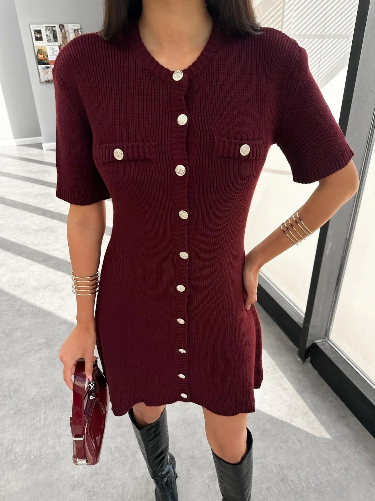 White Knit Mini Dress Short Sleeve Patchwork Pocket Loose Dress Knit Mini Dress