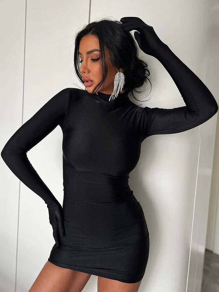 Long Sleeve With Gloves Mini Dress Bodycon Street Half Turtleneck