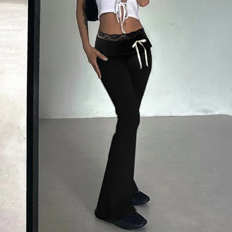 Lace Patchwork Bow Straight Pants Trousers Joggers Bottoms