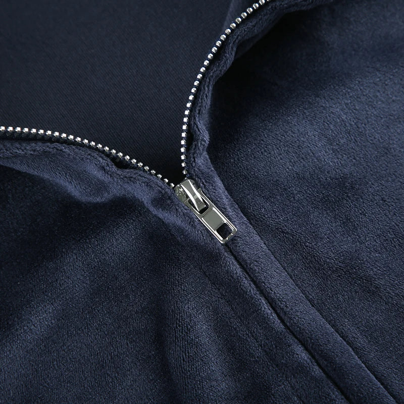 Velvet Jacket Zip Up Front-pocket Hood Coat Overcoat