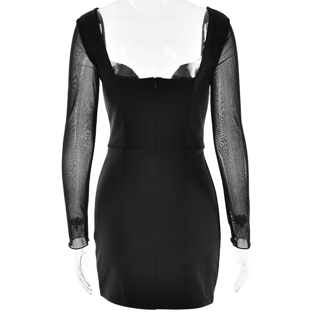 Backless Plunge Collar Mesh Mini Dress Long Sleeve High Stretch Dress Femme Outfit