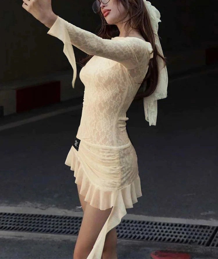 Lace Patchwork Dress See Through Backless Ruffles Long Sleeve Irregular Hem Bodycon