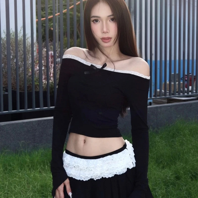 Black Long Sleeve Off Shoulder Lace Low Waist Mini Skirt Two Piece Set