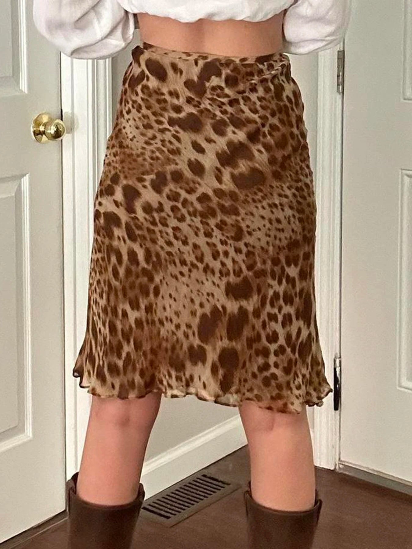 Leopard Skirt Two-layer Straight Bottom Elatic Wait Skirt
