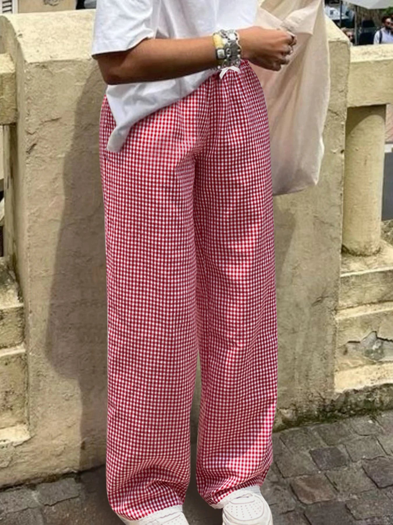 Plaid Straight Pant Lace Patchwork Bow Baggy Trouer Jogger Bottom
