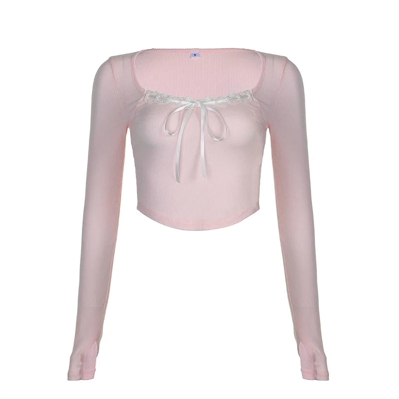Lace-up Tshirts Square Collar Crop Top Long Sleeves Slim