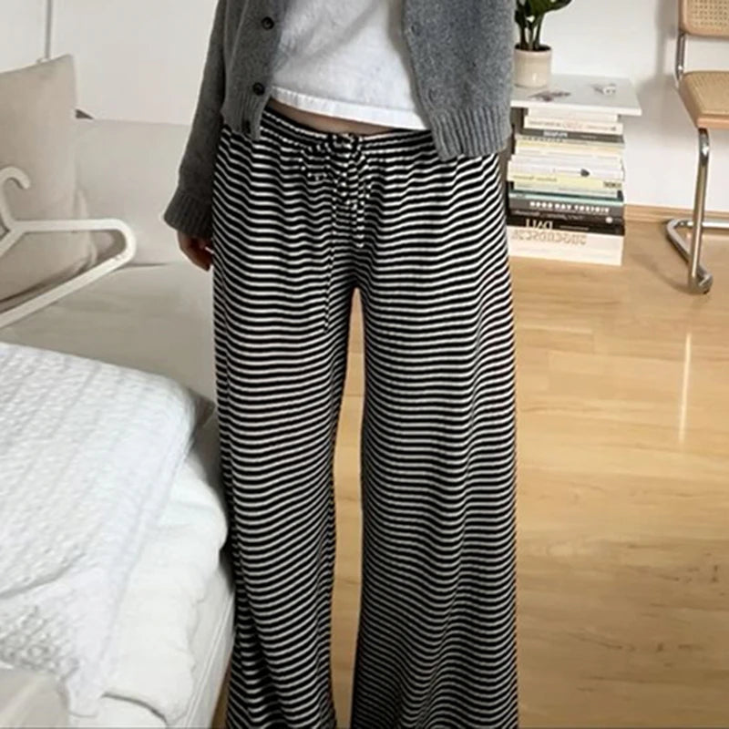 Striped Print Loose Pants Lace-up Trousers Bottoms