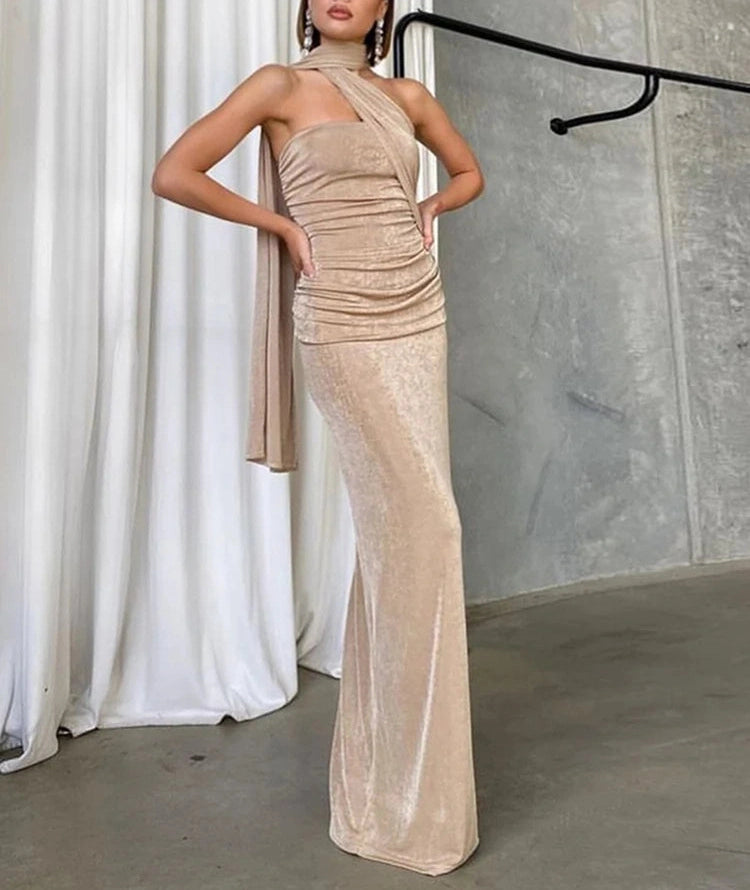 Ruched Backless Dress Diagonal Collar Single Shoulder Strap Tassel Stretch Long Bodycon