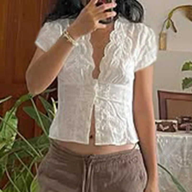 Button Up Blouses Deep V-neck Slim 's Tee Shirts Short Sleeves Crop