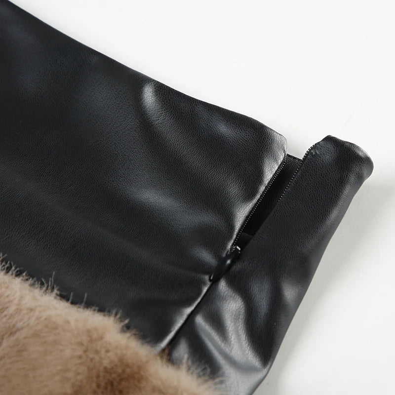 Furry Two Pieces of Sets Backless Strapless and Mini Skirts Slim PU Cloth