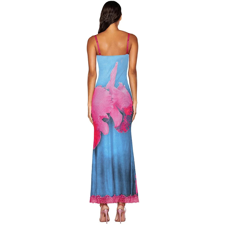 Lace Chest Wrap Maxi Dress Colorful Flowers Sleeveless Skinny Fit Slim