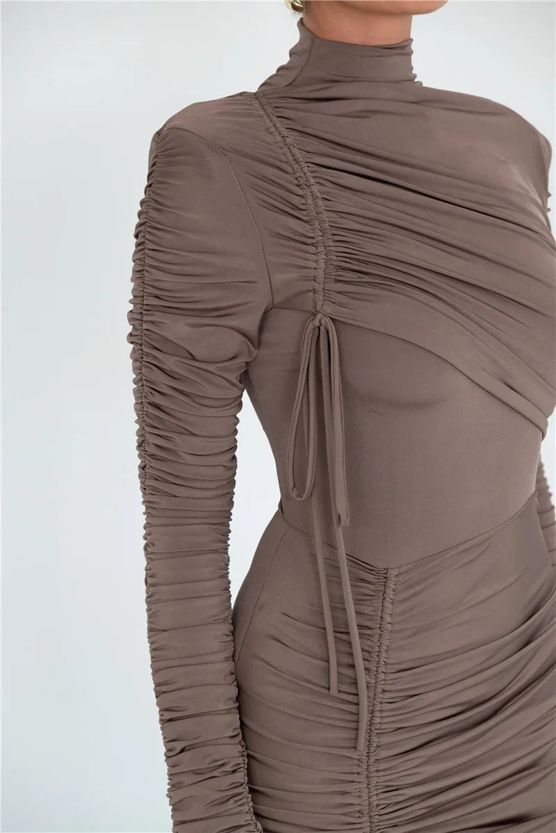 Long Sleeve Ruched Maxi Dress Drawstring Turtleneck Bodycon Long Dress