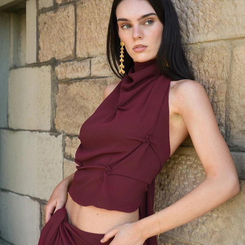 Hanging Neck Tie Bow Hollow Out Backless Shrinking Pleat Expo Navel Top T-Shirt