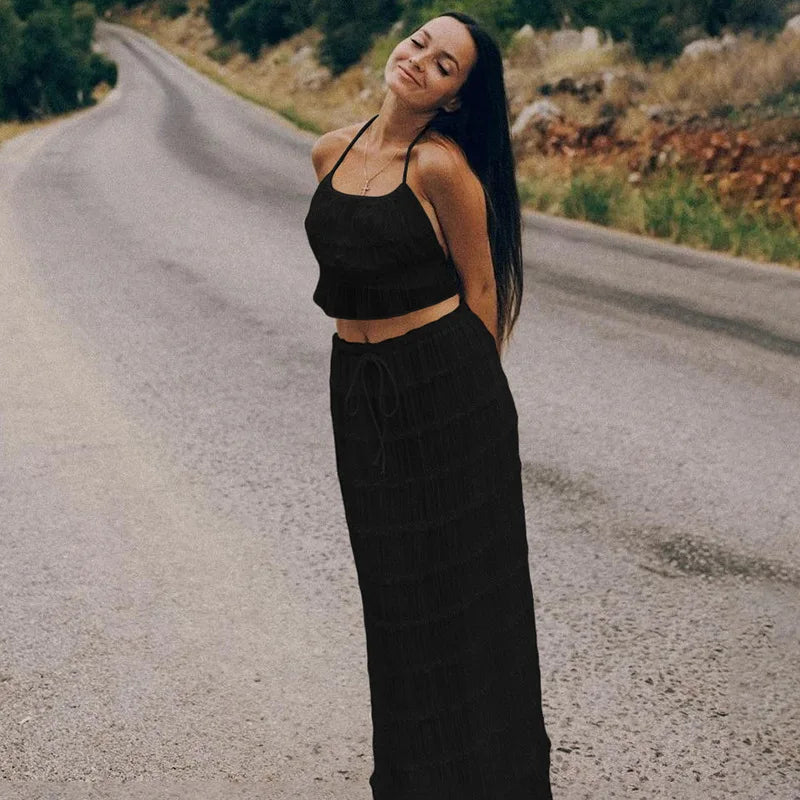 Chiffon Backless Ruched Skirt Suit Apricot Spaghetti Strap Top Long Skirt Slim