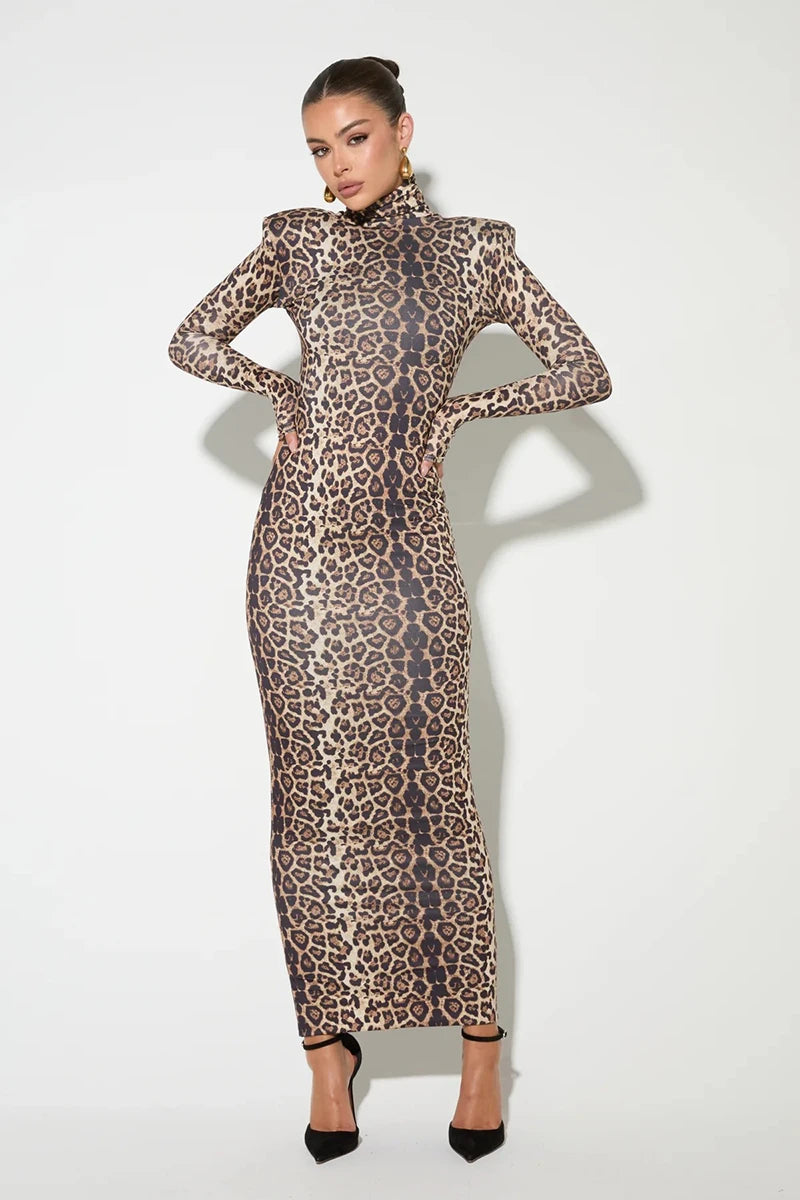 Leopard Long Sleeve Maxi Dress Turtleneck ed Bodycon Long Dress