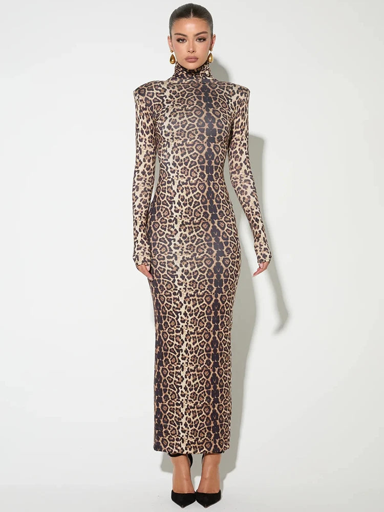 Leopard Long Sleeve Maxi Dress Turtleneck ed Bodycon Long Dress