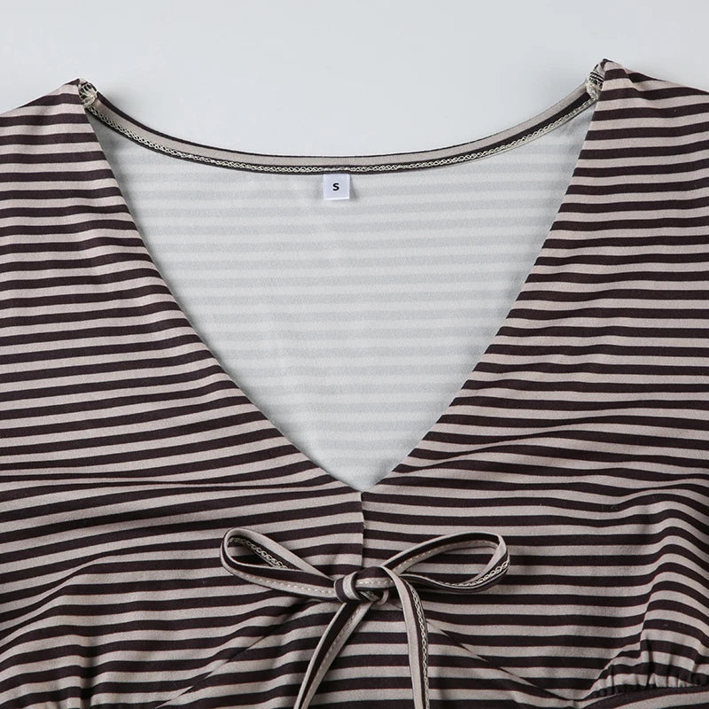 V-neck Strip Tee Shirt Long Sleeve Slim Lace-up Top