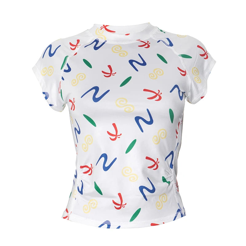 Colorful Printed Half High Neck Slim Short Sleeveless Top Fresh heart