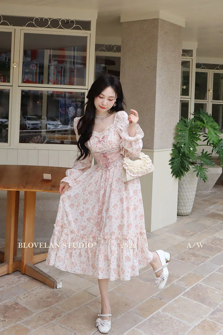 Spring Pink Floral Dress Bandage Lace Print Dress Puff Sleeve Kawaii Dress Princess Fairy