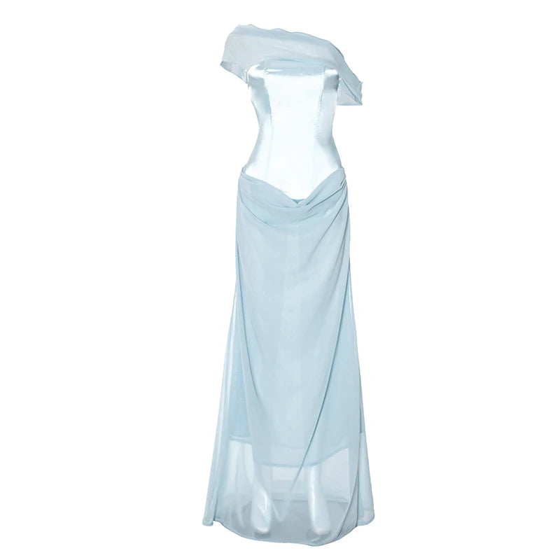 'S Diagonal Collar Sleeveless Strapless Mesh Patchwork See-Through Fishtail Evening Dress