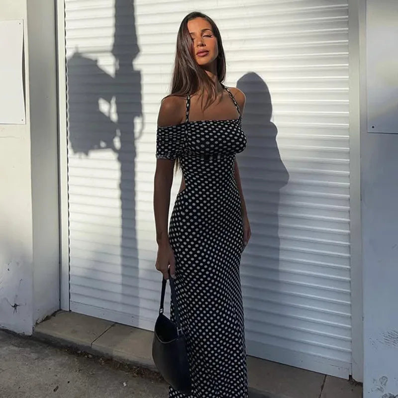 Black Polka Dot Backless Split Maxi Dress