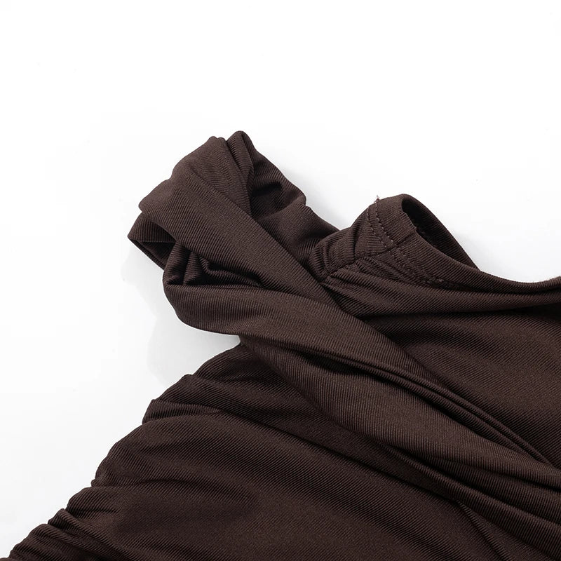 'S Spring Color Single Shoulder Shrink Pleated Tight Package Hip Dress Causal Dress